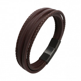 Bracelet Homme Multi-rangs Cuir Marron Acier Bracelet composé quatre lanières rectangulaires deux lanières tressées Le bra...