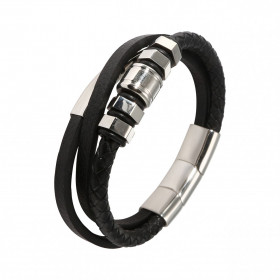 Bracelet Homme Multi-rangs Cuir Noir et Acier. Bracelet composé d'une lanière de cuir tressée et de 2 lanières cuir rectan...