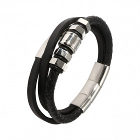 Bracelet Homme Multi-rangs Cuir Noir et Acier