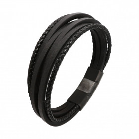 Bracelet Homme Multi-rangs Cuir Noir Acier Bracelet composé quatre lanières rectangulaires deux lanières tressées Le brace...