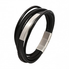 Bracelet Homme Multi-rangs Cuir Noir Acier Bracelet composé d une lanière tressée, deux lanières rectangulaires deux laniè...