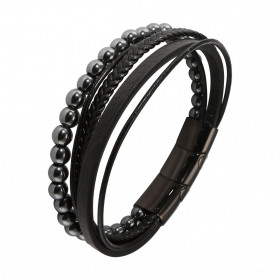 Bracelet Homme Multi-rangs Cuir Noir et Hématite. Bracelet composé de quatre rangs en cuir noir et d'un rang en hématite d...