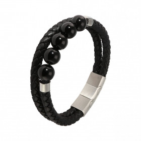 Bracelet Homme Multi-rangs Cuir Noir et Onyx. Bracelet cuir avec 5 boules d'onyx de 10mm. Largeur du bracelet : 13 à 18mm....