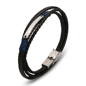 Braceler homme en cuir noir tressé composé de 3 lanières dont une avec une plaque acier de 4x30mm et du fil bleu de chaque...
