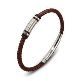 Bracelet homme en tissus marron tressé composé d'un cylindre en acier satiné, 2 anneaux d'acier, 6 caoutchouc. Largeur du ...