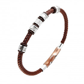 Bracelet homme tissus marron tressé composé boulons anneaux acier, un cylindre serti d oxydes zirconium stoppés par des an...