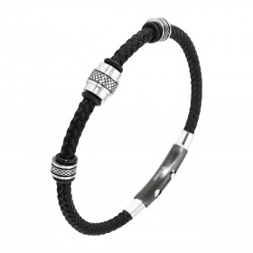 Bracelet homme en tissus noir tressé composé de 3 cylindres en acier strié stoppés par des anneaux en caoutchouc. Largeur ...