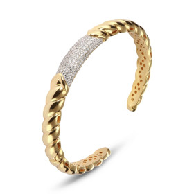 Bracelet jonc argent doré 925 effet torsade oxydes zirconium Section 8,1mm large Jonc ouvert s adaptant aux poignets 17 à ...