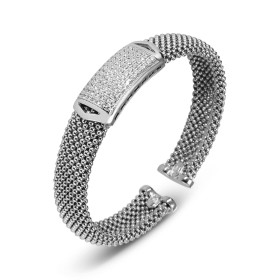 Bracelet jonc argent rhodié 925 composé d une plaque 29x13mm sertie 84 oxydes zirconium Section 11,4mm large Jonc ouvert s...