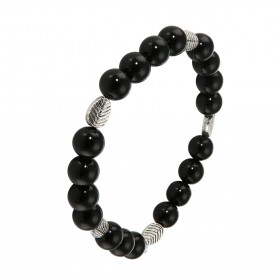 Bracelet Onyx 8mm et Motif Feuille