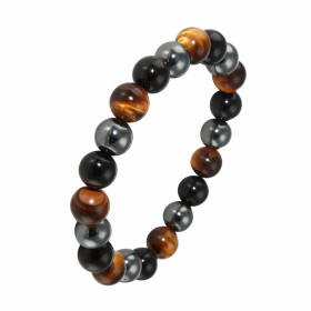 Ce Bracelet pour homme est composé perles oeil tigre, onyx noir hématite. Sa longueur est ajustable 19 à 21 cm, il est mon...