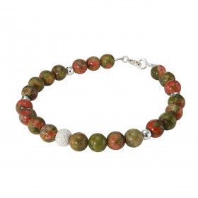 Bracelet Unakite 6mm et Argent. Ce bracelet est composé de pierres de 6mm, de 4 perles facettées en Argent de 4mm de diamè...