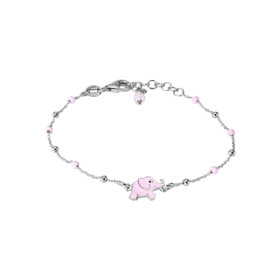 Bracelet enfant argent rhodié composé d un éléphant émail rose Chaîne perlée 2,4mm large Longueur : 15 à 17cm Système d at...