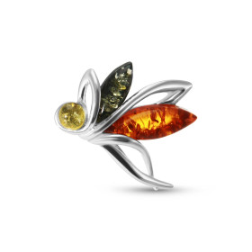 Broche argent 925 forme fée composée d une ambre cognac forme navette 5x13mm, une ambre verte forme navette 4x10mm d une a...