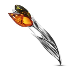 Broche argent 925 forme tulipe composée 2 ambres couleur cognac verte Largeur : 13mm Longueur : 53mm