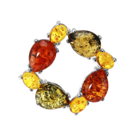 Broche Argent Ambre Multicolore. Dimensions du motif : 32x32mm. Ambre ovale de 7x5mm et poire de 18x8mm. Attention ce bijo...