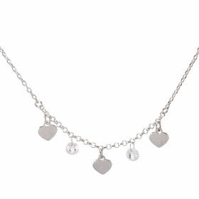 Collier argent rhodié composé 3 breloques coeur 2 breloques oxydes zirconium Chaîne maille forçat 1,3mm large Longueur aju...