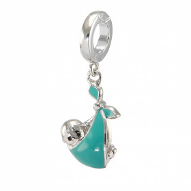 Charm argent rhodié bébé dans un lange bleu