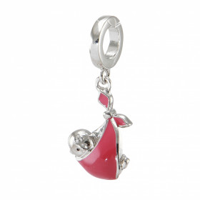 Charm argent rhodié représentant un bébé dans un lange émail rose Dimensions du pendentif : 10x24mm Diamètre du trou : 5mm...