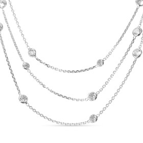 Collier argent rhodié 3 rangs composé 3 chaînes maille forçat 1,3mm large serties chacune 8 oxydes zirconium Longueur ajus...