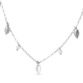 Collier argent rhodié composé 6 feuilles 5x9mm 4 perles 3mm diamètre Chaîne maille forçat 1,5mm large Longueur ajustable 4...