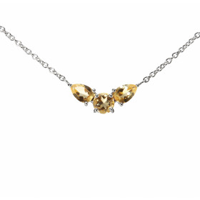 Collier Argent 925 Rhodié Citrine Ronde Poires Maille forçat 1.5mm large Longueur du collier ajustable 42 à 46cm Motif cen...