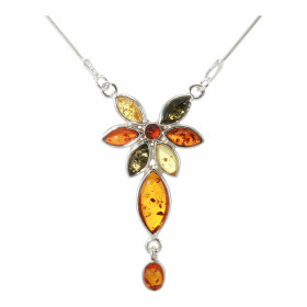 Collier Argent 925 et Ambre multicolore. Longueur : 44cm. Dimensions du motif : 2,5 x 3,5cm. 