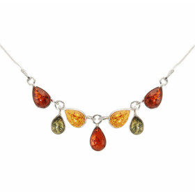 Collier Argent et Ambre Multicolore. Longueur : 42cm. 