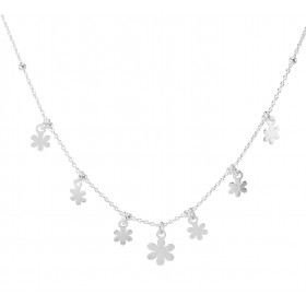 Collier argent composé 7 breloques fleurs Chaîne maille forçat 1mm large parsemée boule d argent Longueur ajustable 40 à 45cm