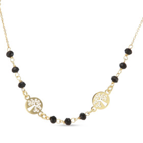 Collier argent doré composé 2 arbres vie dans des cercles 8mm diamètre 9 pierres noires 3mm large Chaîne maille forçat 1mm...