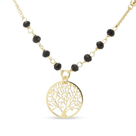 Collier argent doré composé d un arbre vie dans un cercle 15mm diamètre pierres noires 4mm large Chaîne double maille forç...