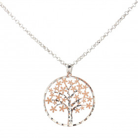 Collier en argent rhodié composé d'un arbre de vie dans un cercle de 26mm de diamètre. Feuilles en forme de fleur en argen...