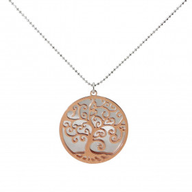 Collier argent rhodié argent composé d un arbre vie argent flashé or rose découpé dans un cercle 30mm diamètre d une pasti...