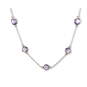 Collier Argent Rhodié 925 serti 5 améthystes rondes facettées 6mm diamètre Chaîne maille forçat ronde 1,4mm large Largeur ...
