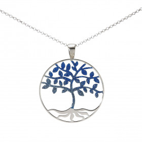 Collier en argent rhodié composé d'un arbre de vie avec des paillettes bleues dans un cercle de 3,8cm de diamètre. Chaîne ...