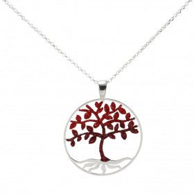 Collier en argent rhodié composé d'un arbre de vie avec de paillettes rouges et noires dans un cercle de 38mm de diamètre....