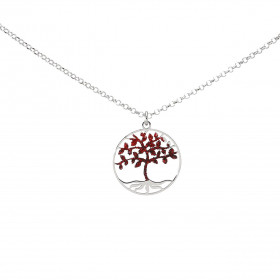 Collier en argent rhodié composé d'un arbre de vie avec des paillettes rouges et noires dans un cercle de 20mm de diamètre...