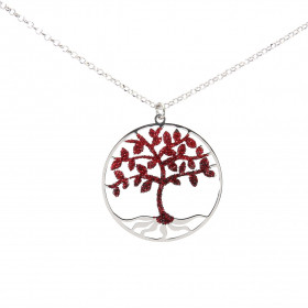 Collier argent rhodié un arbre vie 30mm diamètre Tronc, feuilles branches sont recouverts paillettes rouge Longueur ajusta...