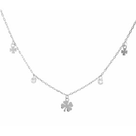 Collier argent rhodié composé 3 breloques trèfle à quatre feuilles 2 breloques oxydes zirconium Chaîne maille forçat 1,3mm...