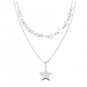 Collier Argent Rhodié Double Chaines Etoiles