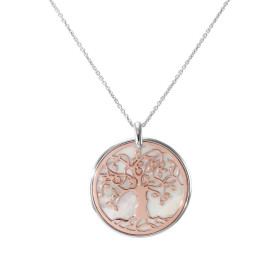 Collier en argent rhodié et rosé composé d'un arbre de vie dans un cercle de 33mm de diamètre avec un fond en nacre. Chaîn...
