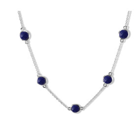 Collier Argent Rhodié 925 serti 5 lapis lazuli ronds facettés 6mm diamètre Chaîne maille forçat ronde 1,4mm large Largeur ...