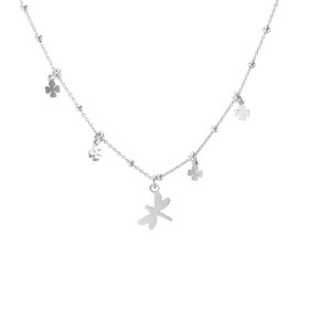 Collier Argent Rhodié Libellule et Trèfles à 4 feuilles