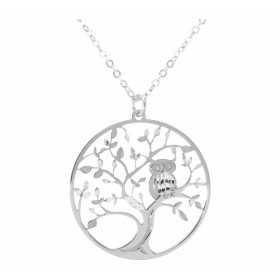 Collier en argent rhodié avec un motif arbre de vie dans un rond, sur une branche de l&#39;arbre se tient un hibou. Diamèt...