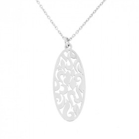 Collier argent rhodié maille forcat avec un ovale ajouré. Dimension motif : 13x30 mm. Longueur ajustable de 42 à 45 cm