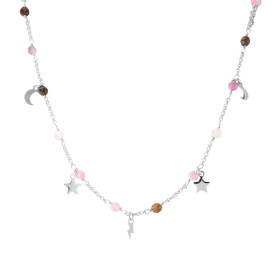 Collier argent rhodié composé breloques lune, étoiles, éclair perles facettées tourmaline 3mm large Chaîne maille ronde 1,...