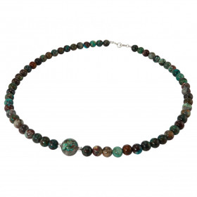 Collier Chrysocolle 6-10mm et Argent. Ce collier est composé de boules de 6mm en Chrysocolle, de 2 perles facettées en Arg...