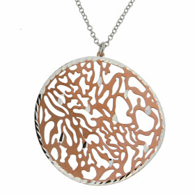 Collier argent rhodié motif rond rosé ajouré Diamètre rond : 39 mm Longueur ajustable 43 à 46 cm