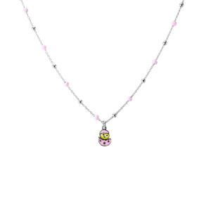 Collier en argent rhodié composé d'un poussin jaune dans un oeuf rose en émail et de perles roses de 2,4mm de large. Chaîn...