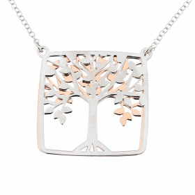 Collier Arbre vie Argent 925 2 tons Blanc Rose Longueur ajustable 40 à 45cm Dimensions du motif : 30x30mm